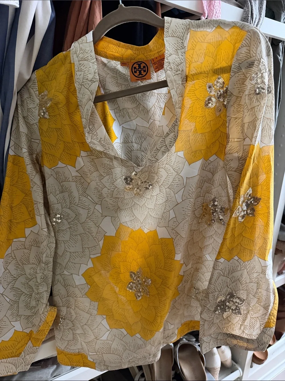 Tory Burch Yellow and Cream Floral Sequin Tunic Top